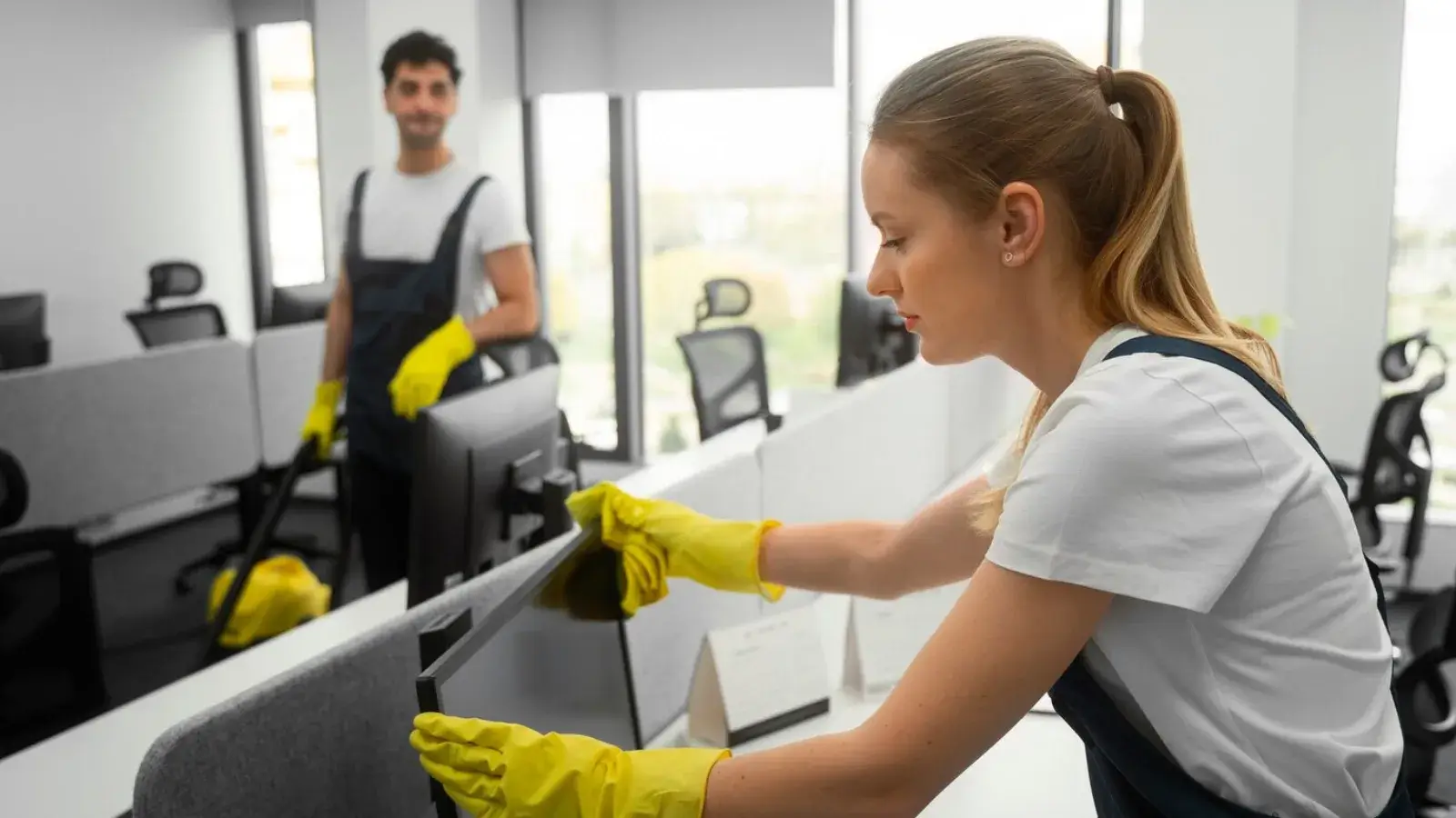Professional cleaner tidying a modern office to support workplace culture and employee well-being