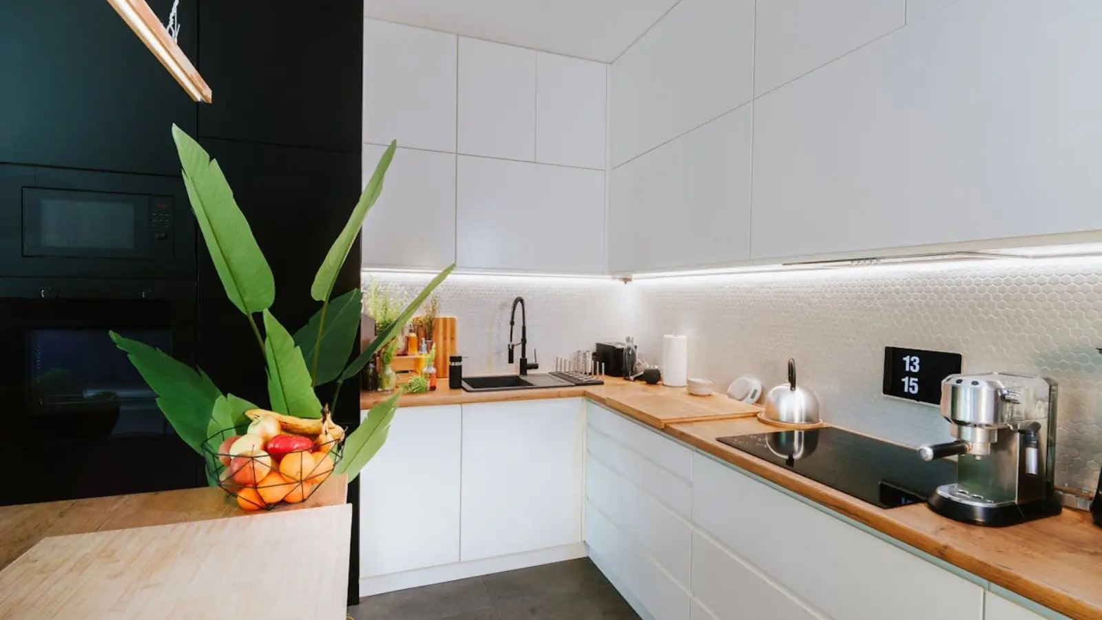 Modern vacation rental kitchen and living area with smart upgrades