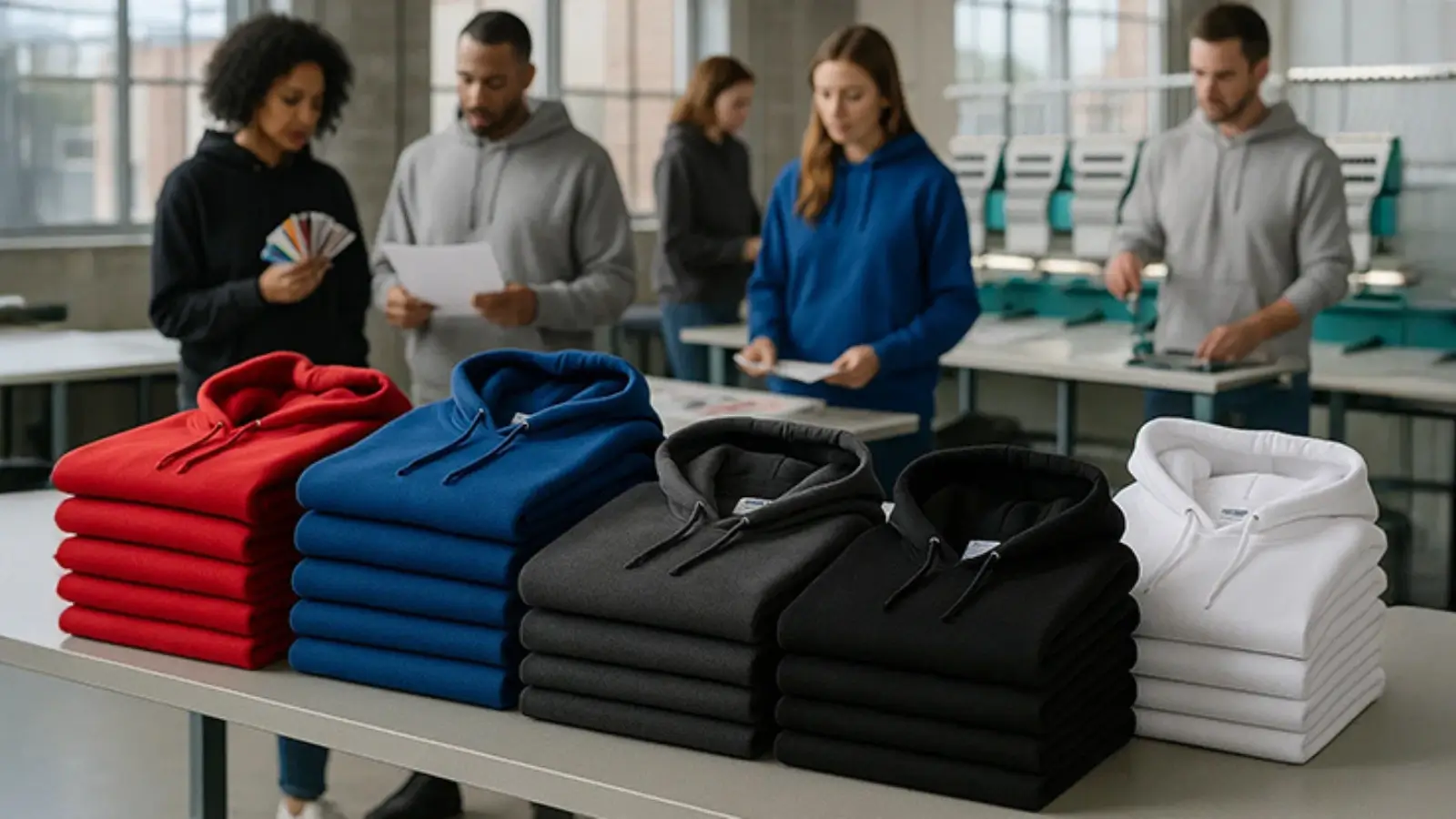 Stack of Port & Company hoodies in assorted colors ready for custom branding