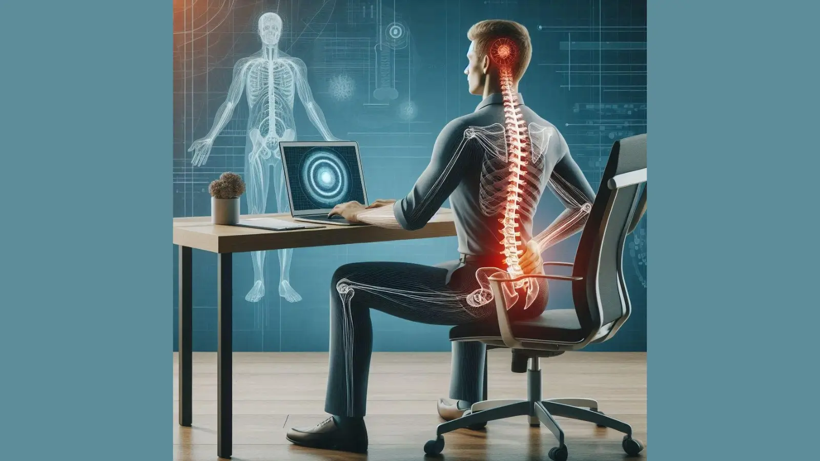 hybrid employee working with ergonomic chair and healthy posture setup