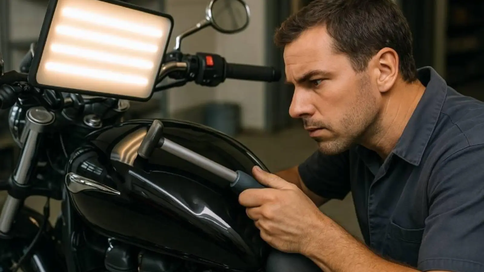 Top Techniques For Motorcycle Dent Repair: A Complete Step-By-Step Guide motorcycle technician performing paintless dent repair on a sportbike tank