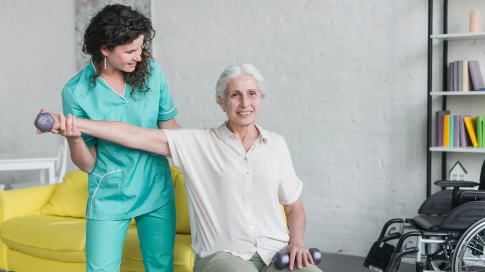 older adult practising balance exercises with physiotherapist guidance