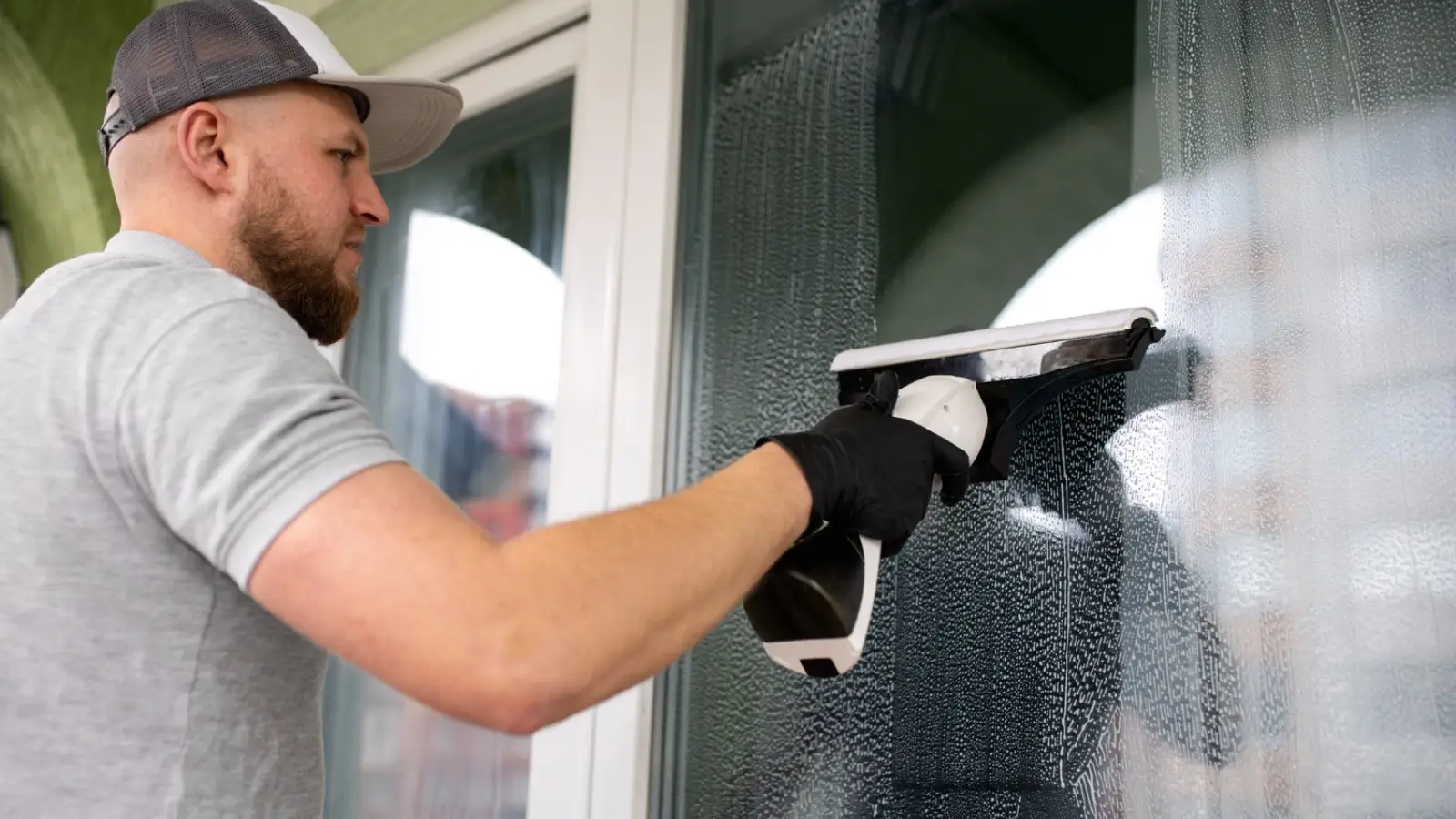 Professional cleaner washing large residential windows in Brisbane