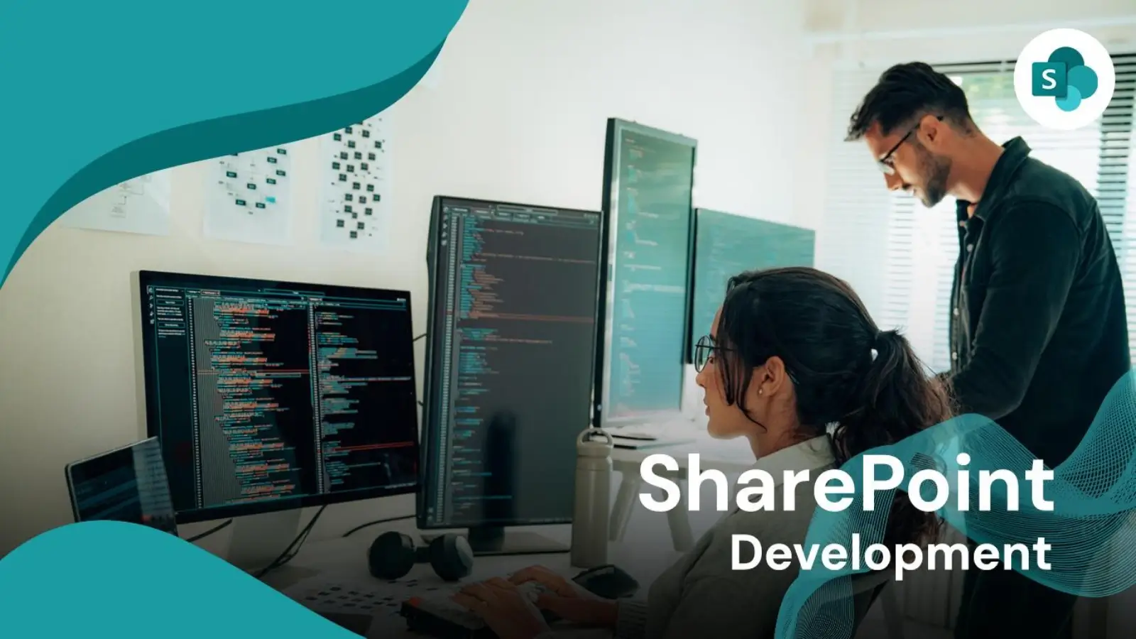 Team collaborating on SharePoint platform with digital workflow dashboard