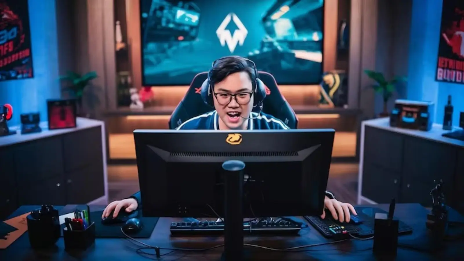 A professional gamer wearing glasses and a headset sits in a gaming chair