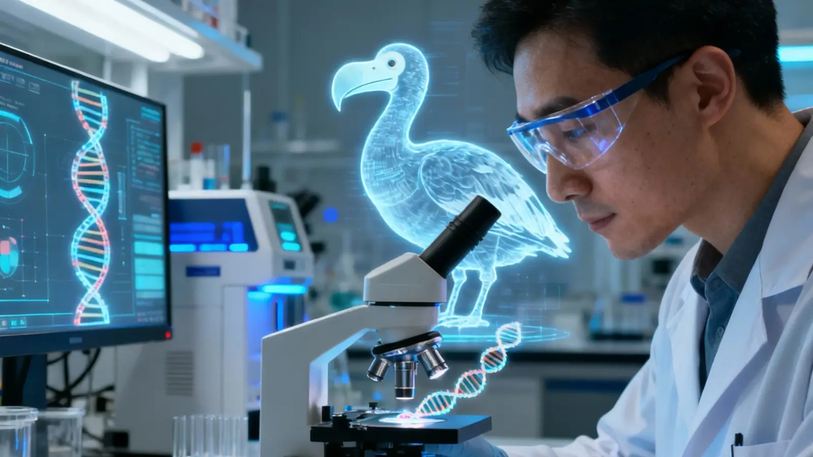 Colossal Biosciences Secures $120M to Advance Dodo De‑Extinction and Conservation Tech Scientist examining avian DNA samples in a biotech lab with a digital rendering of a dodo bird in the background