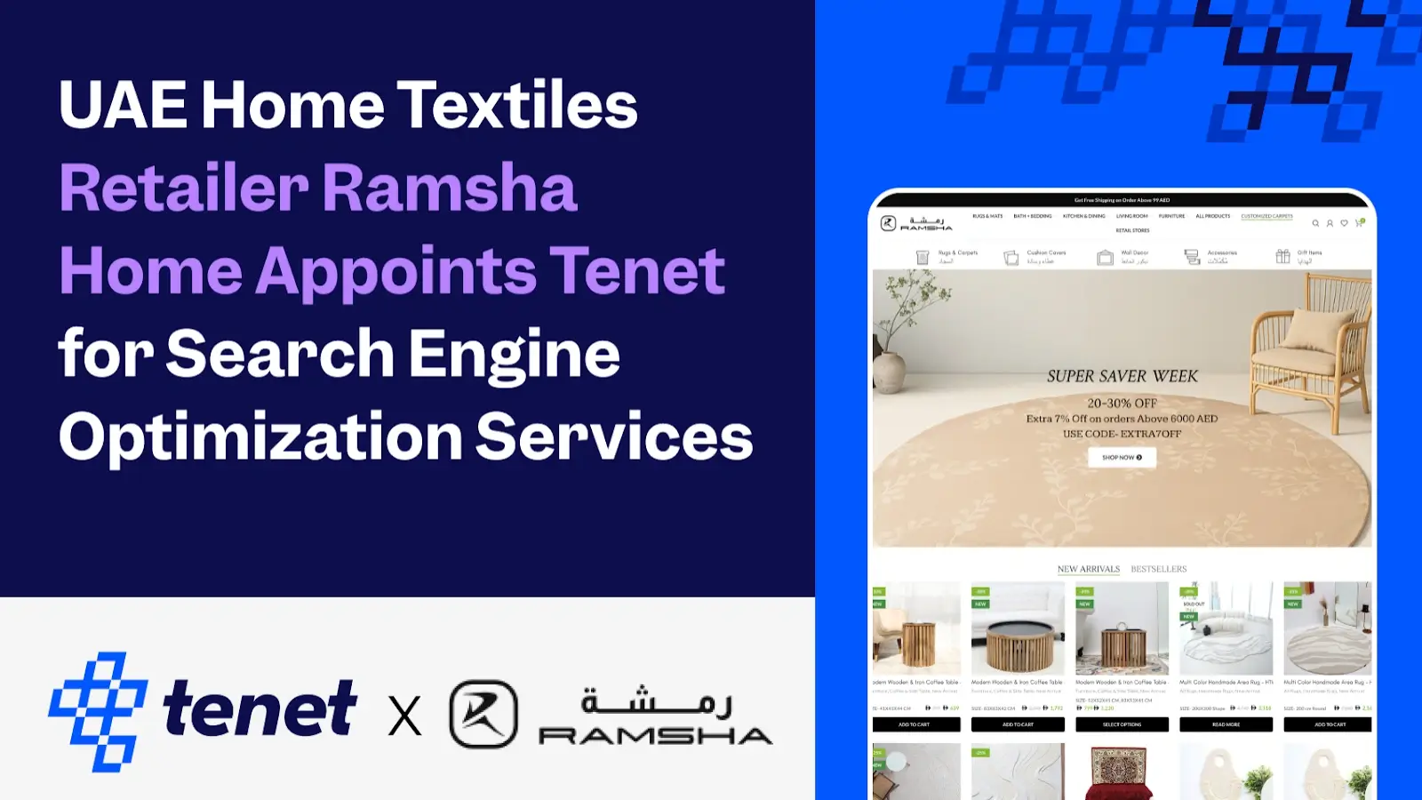 UAE Home Textiles Retailer Ramsha Home Appoints Tenet for Search Engine Optimization & PPC Services Tenet and Ramsha Home logos side-by-side representing new SEO and PPC partnership