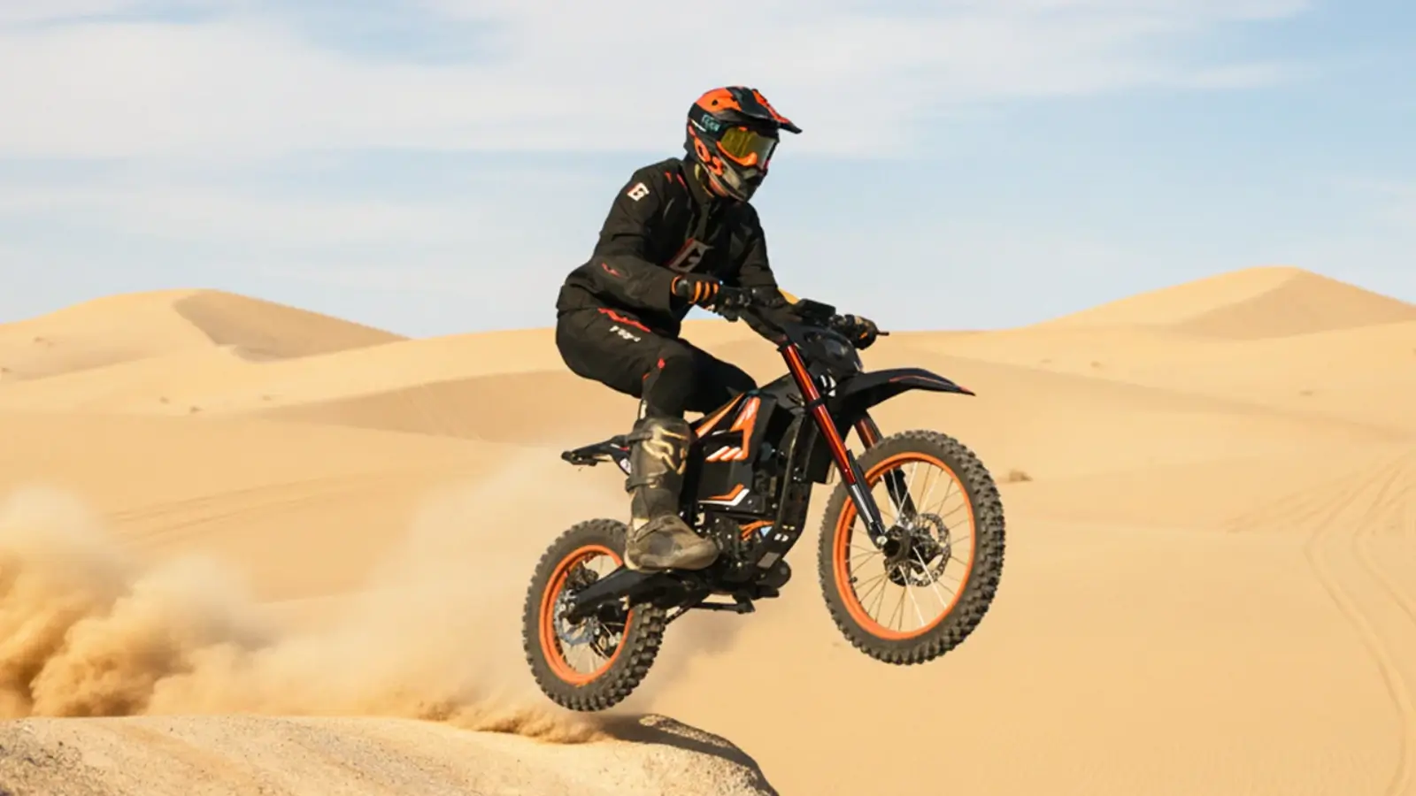 Beginner riding an electric dirt bike on an off-road trail with stable control