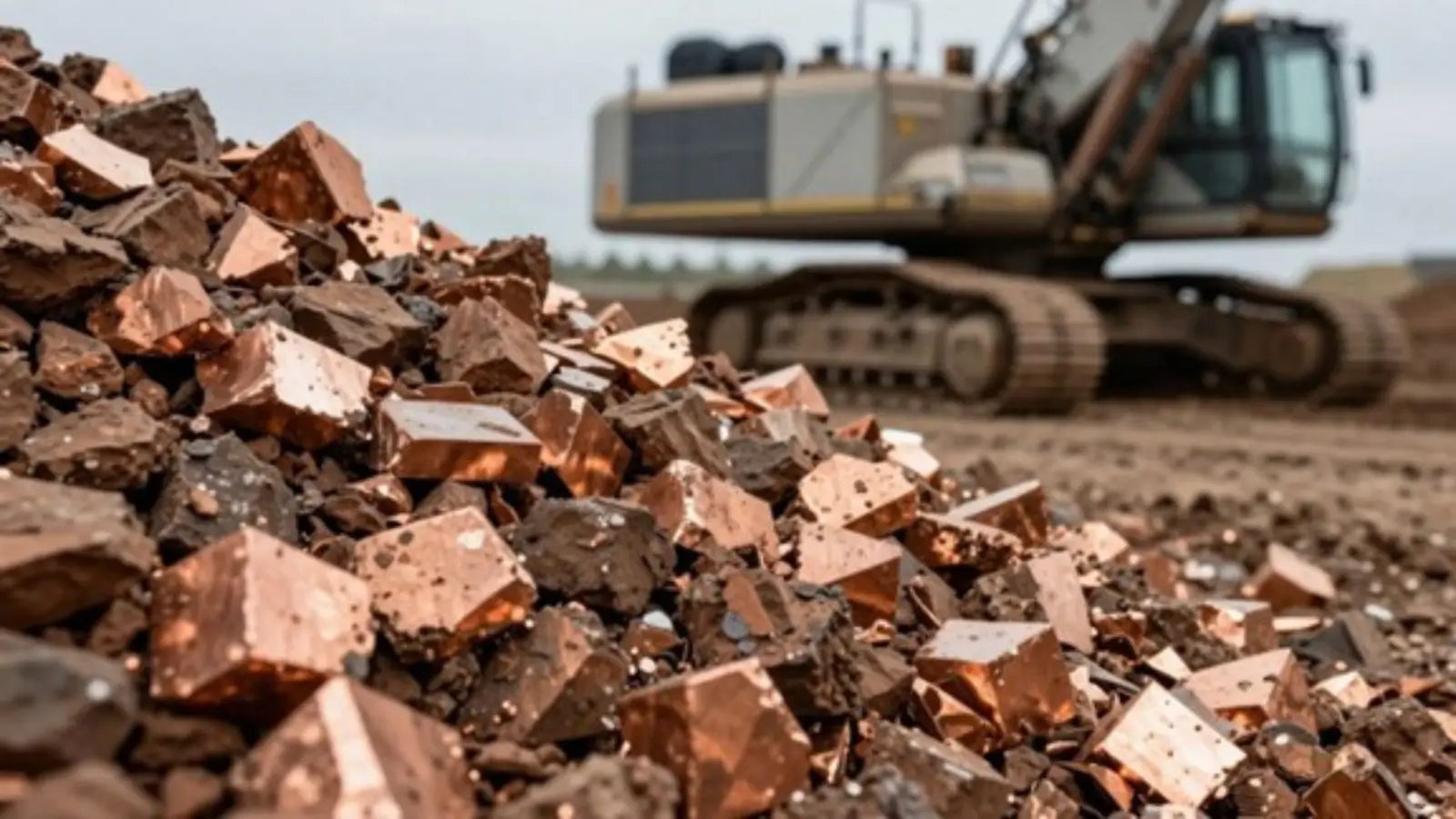 Copper mining site with heavy equipment and ore piles under a clear sky