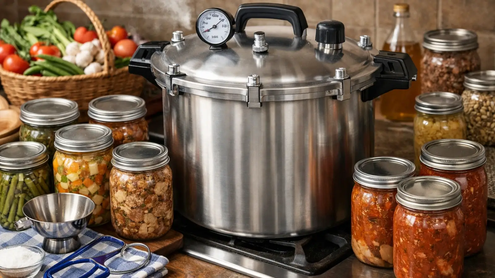 Pressure canner used for preserving vegetables, meats, and soups safely at home