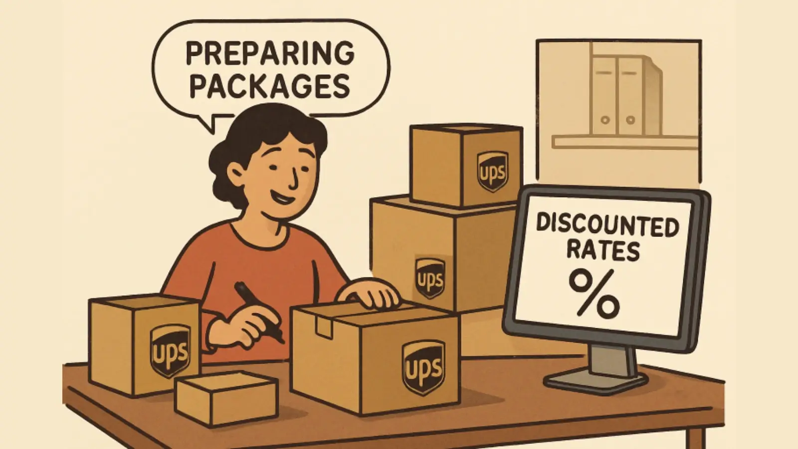Small business owner preparing UPS packages with shipping labels
