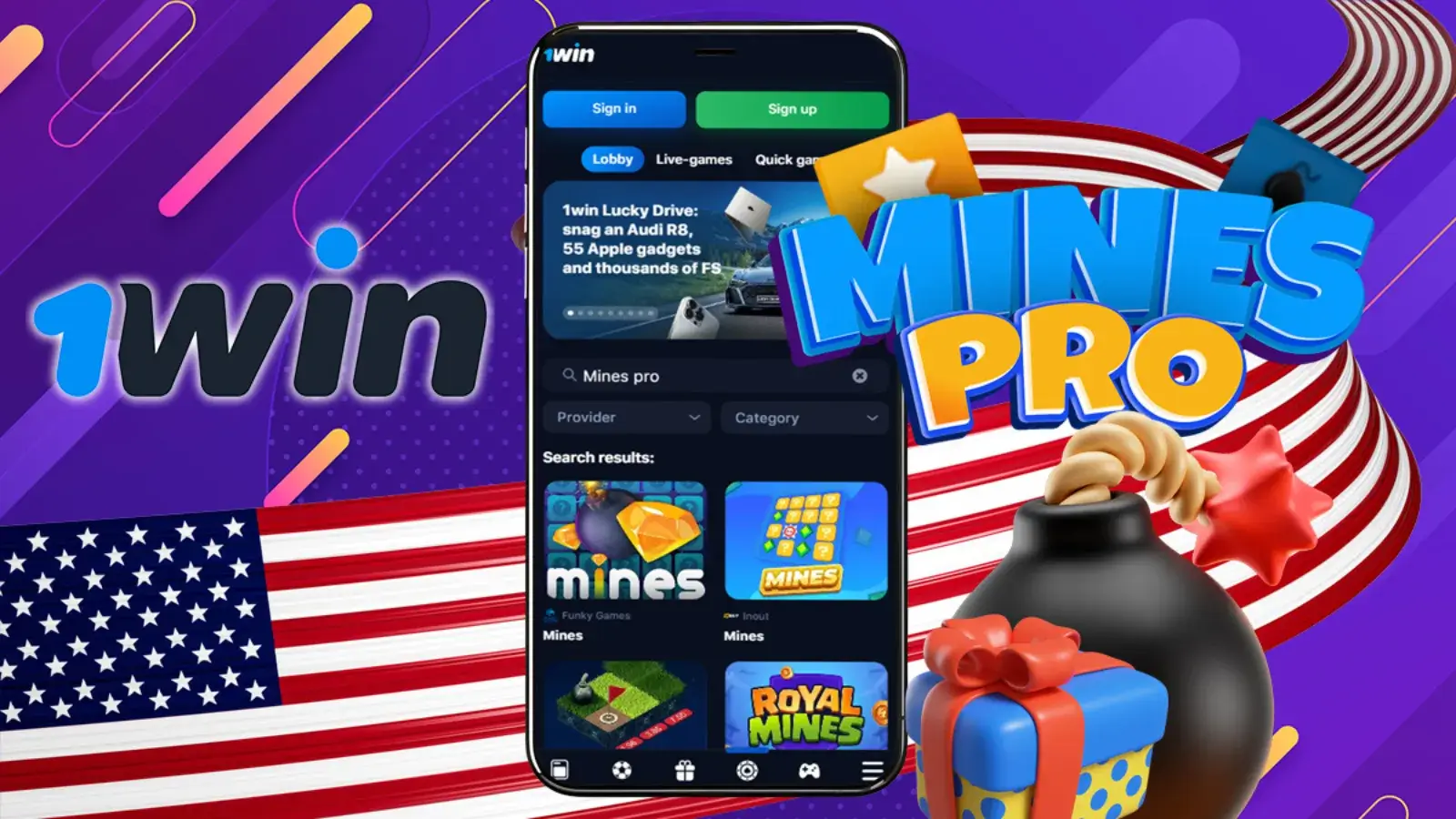 Split screen showing 1Win Aviator crash game and Mines Pro grid game side by side