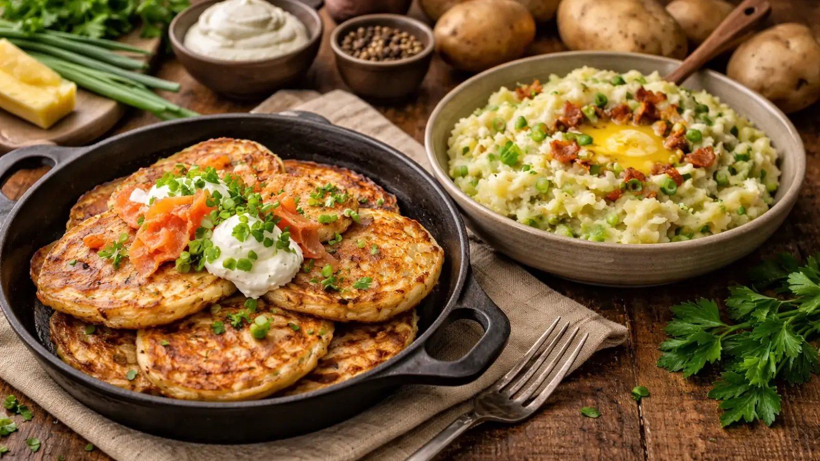 Traditional Irish boxty and colcannon served in rustic kitchen on wooden table