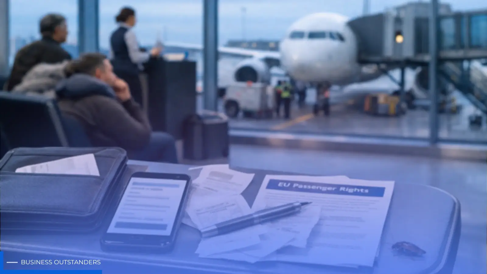 Passenger checking EU261 flight delay compensation rights at airport after disrupted flight