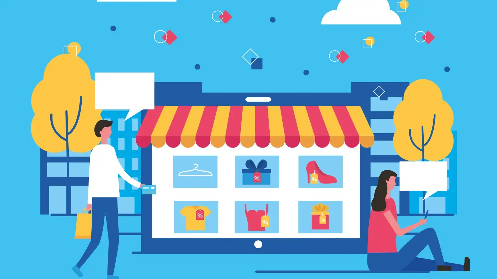 Split screen showing online business tools and a local brick-and-mortar storefront