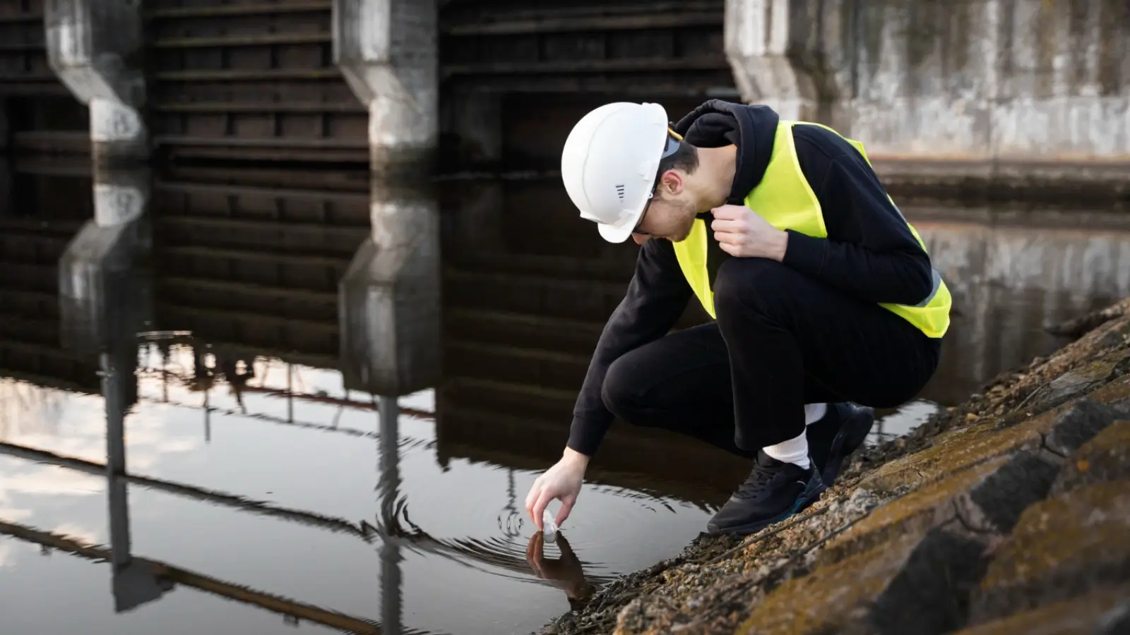 Technician overseeing groundwater well system for industrial site