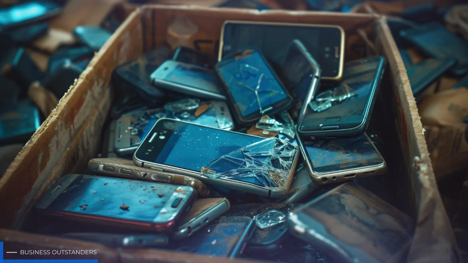 A collection of old smartphones being sorted for responsible cell phone recycling at an e-waste facility