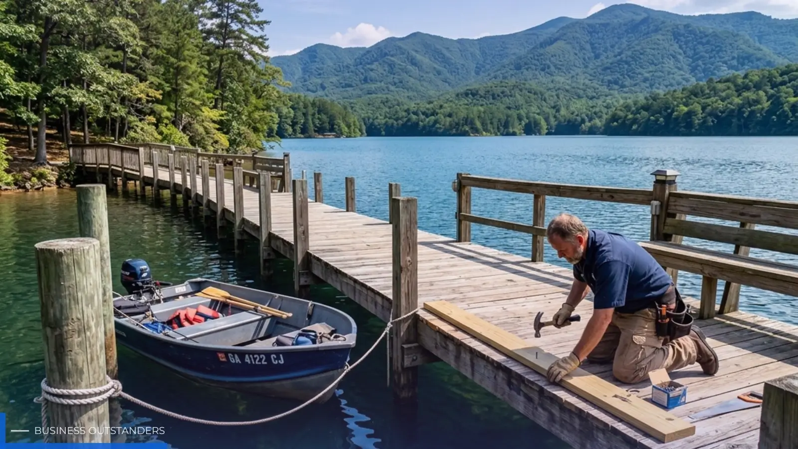 Custom boat dock construction on Lake Blue Ridge with clear water and scenic mountain shoreline views