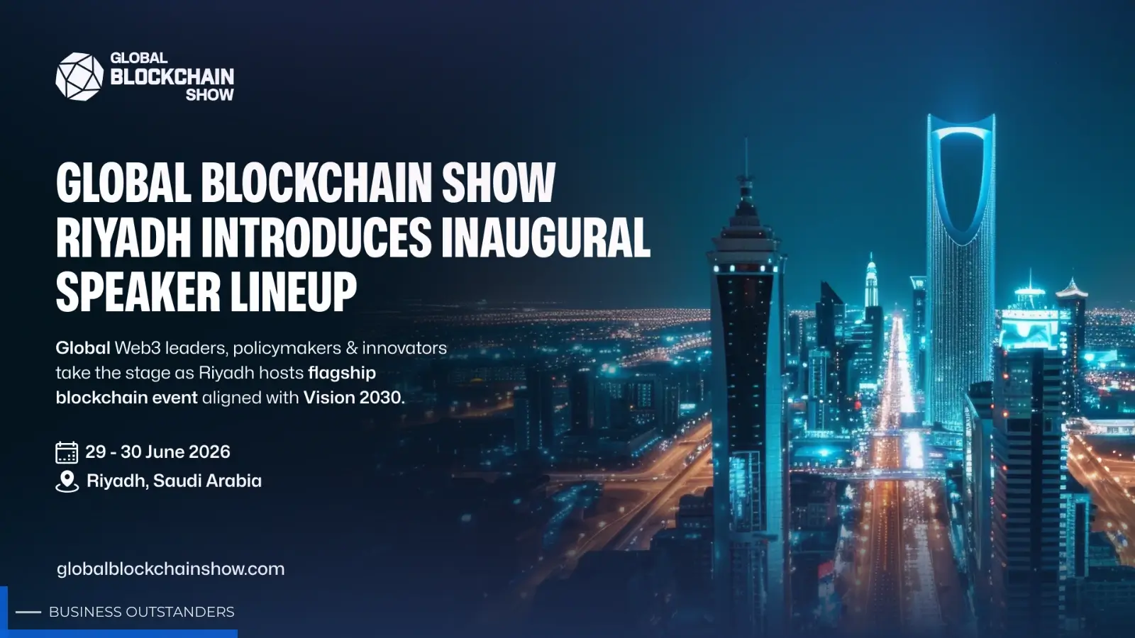 Global Blockchain Show 2026 conference stage in Riyadh Saudi Arabia with blockchain and Web3 industry leaders