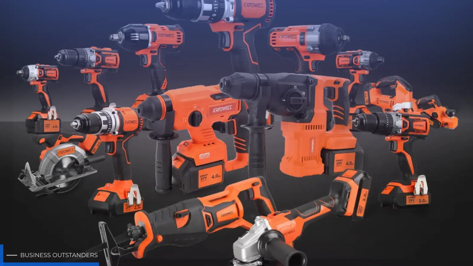 Hardware retailer displaying a curated power tool assortment including drills, angle grinders, and cutting tools on store shelves