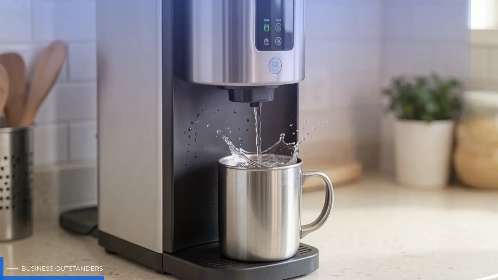 Modern Xiaomi instant hot water dispenser on kitchen countertop dispensing hot water into a cup