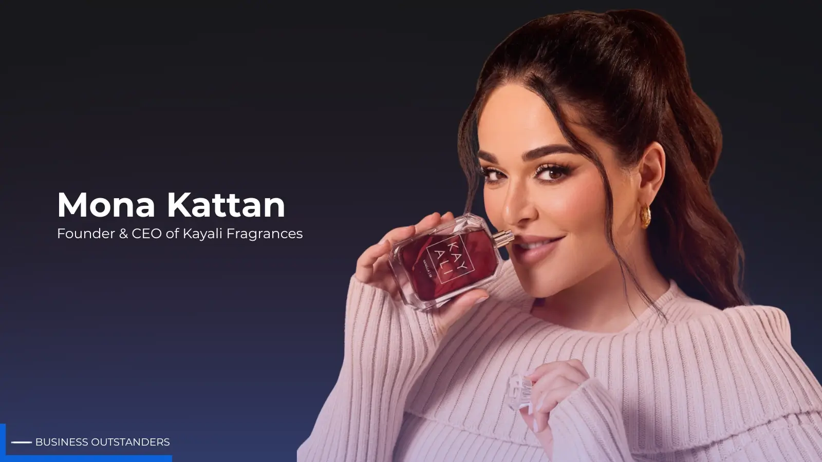 Mona Kattan founder of KAYALI fragrance brand standing with signature perfume collection