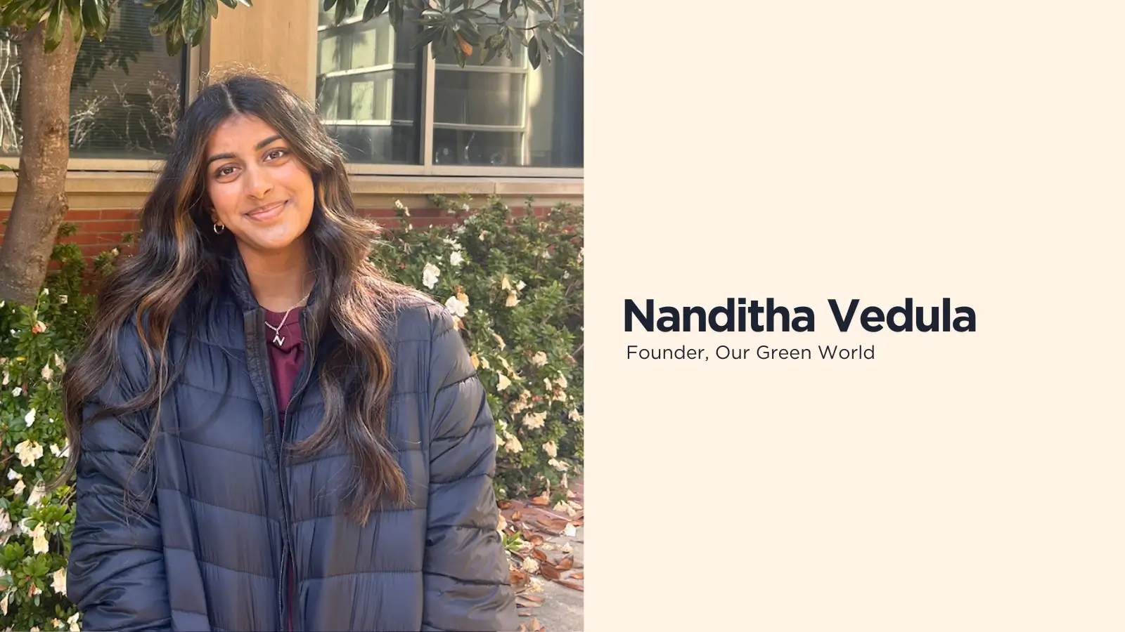 Our Green World co-founder Nanditha Vedula speaking about student sustainability and environmental advocacy