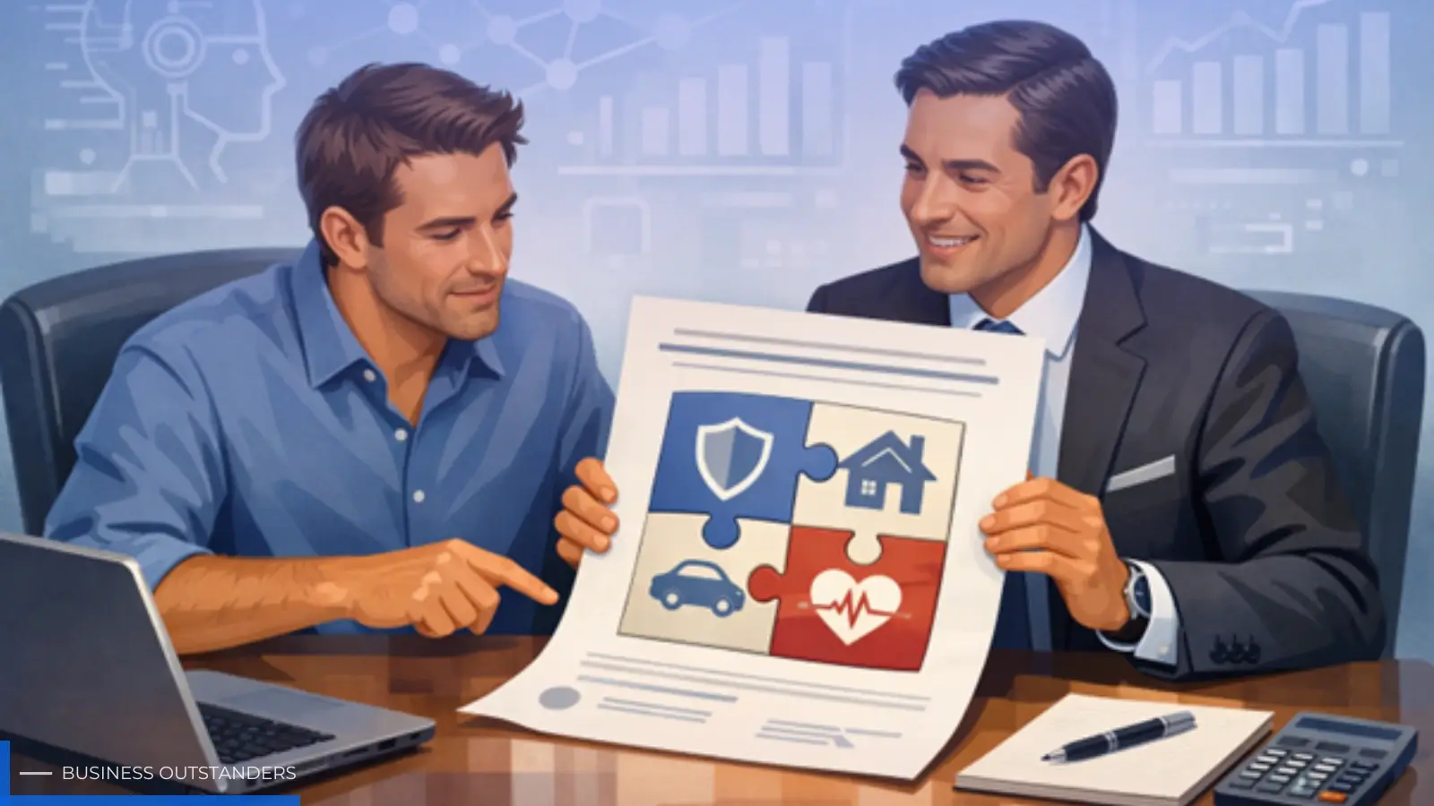 Business professional reviewing custom insurance policy with AI-powered data analytics dashboard in background
