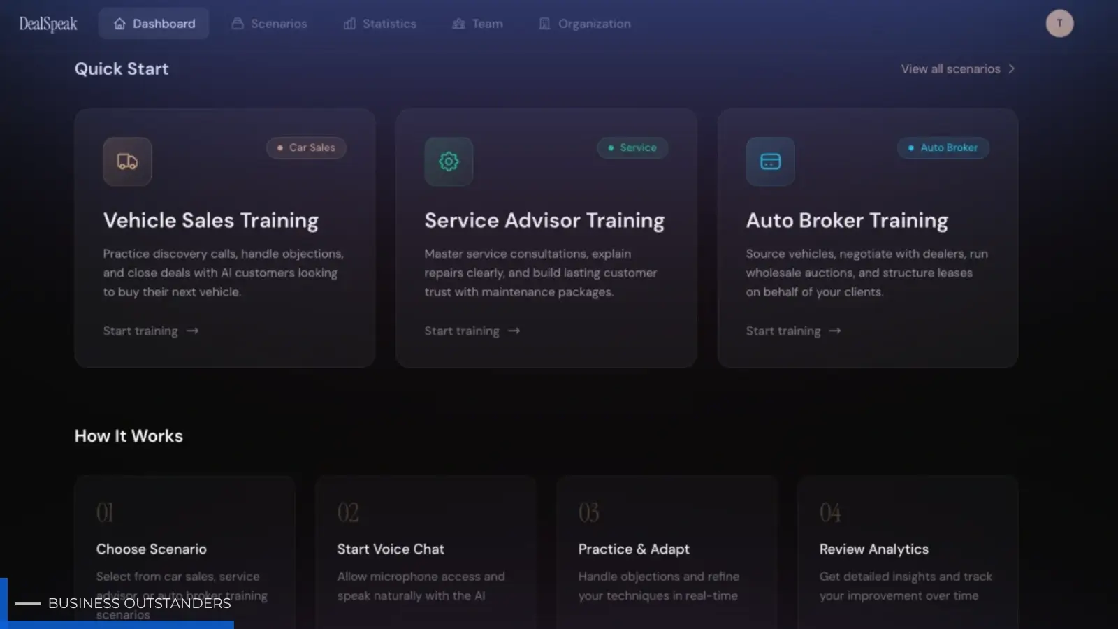 DealSpeak AI-powered voice training platform interface for automotive dealership teams