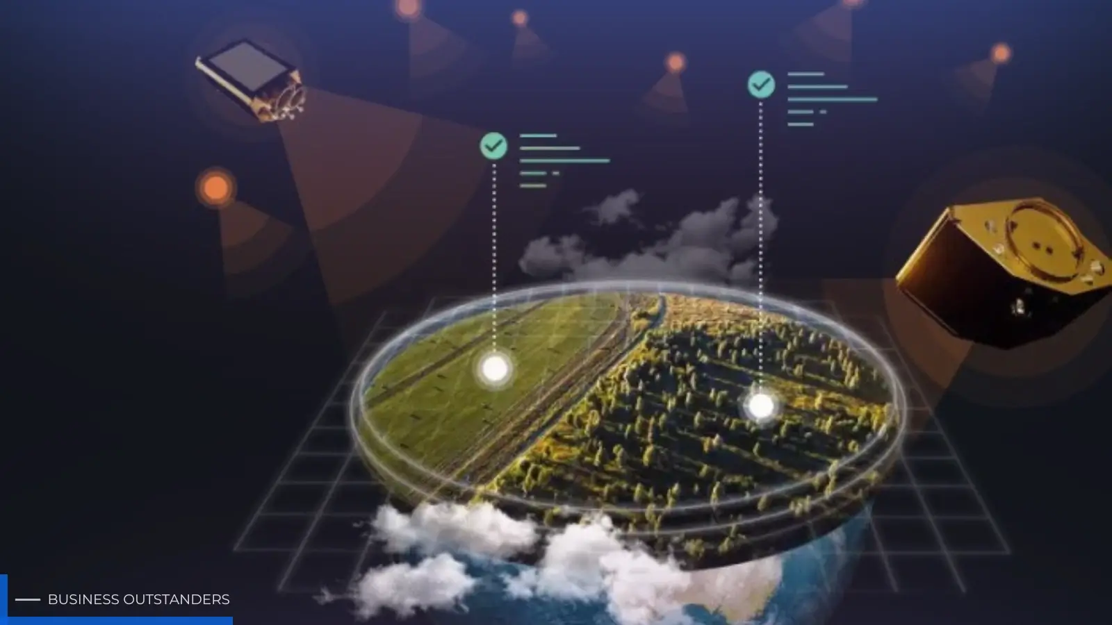 EOSDA satellite AI platform analyzing crop fields and forest canopy data from orbit
