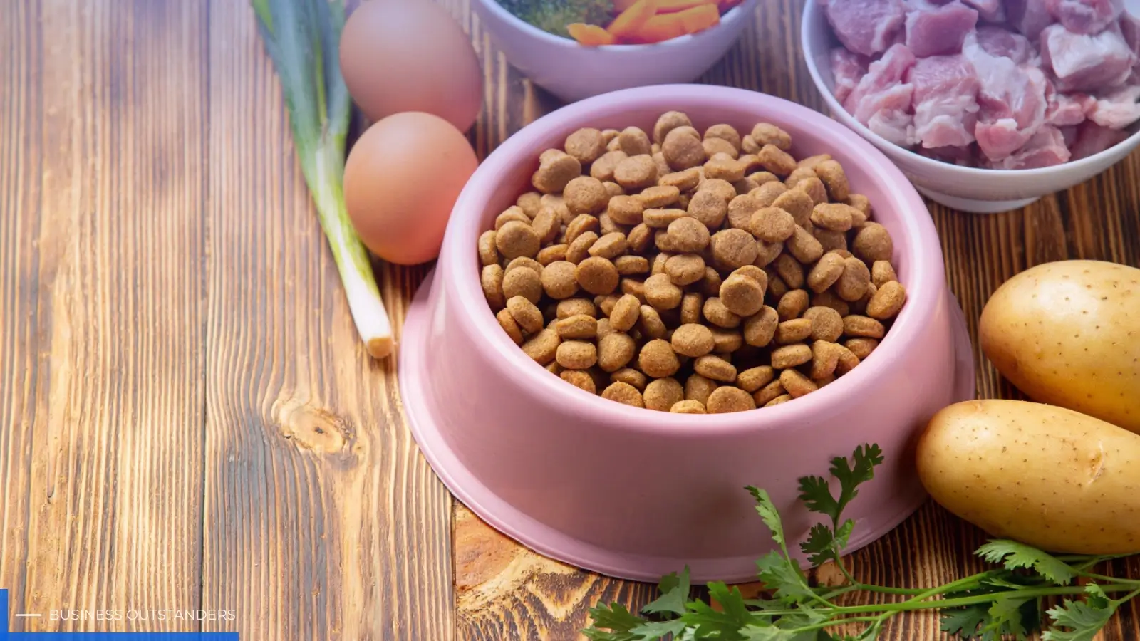 Grain-free dog food bowl surrounded by fresh ingredients for allergy-prone dogs