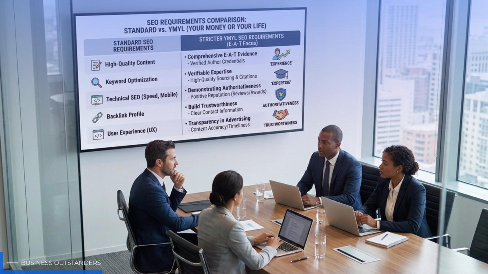 Health and wellness SEO professional reviewing E-E-A-T and YMYL content standards on a digital dashboard