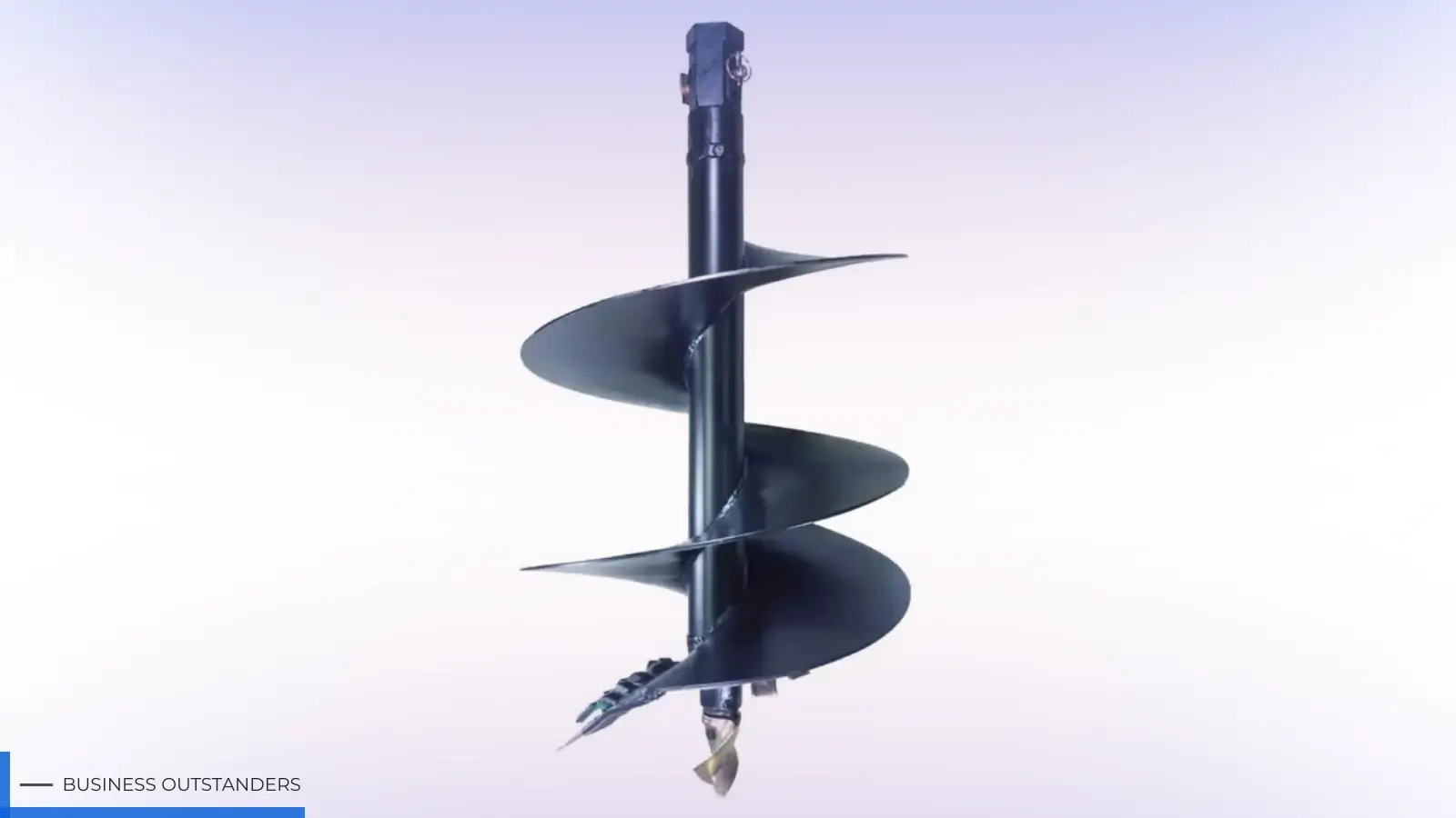Heavy-duty post hole auger bit attached to a tractor drilling into rural Australian farmland for fence post installation