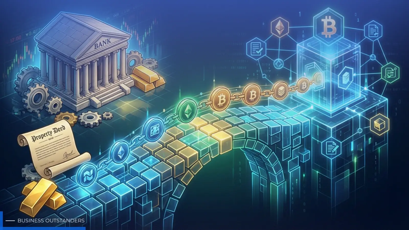 Illustration of real-world assets like real estate and bonds being tokenized on a blockchain network