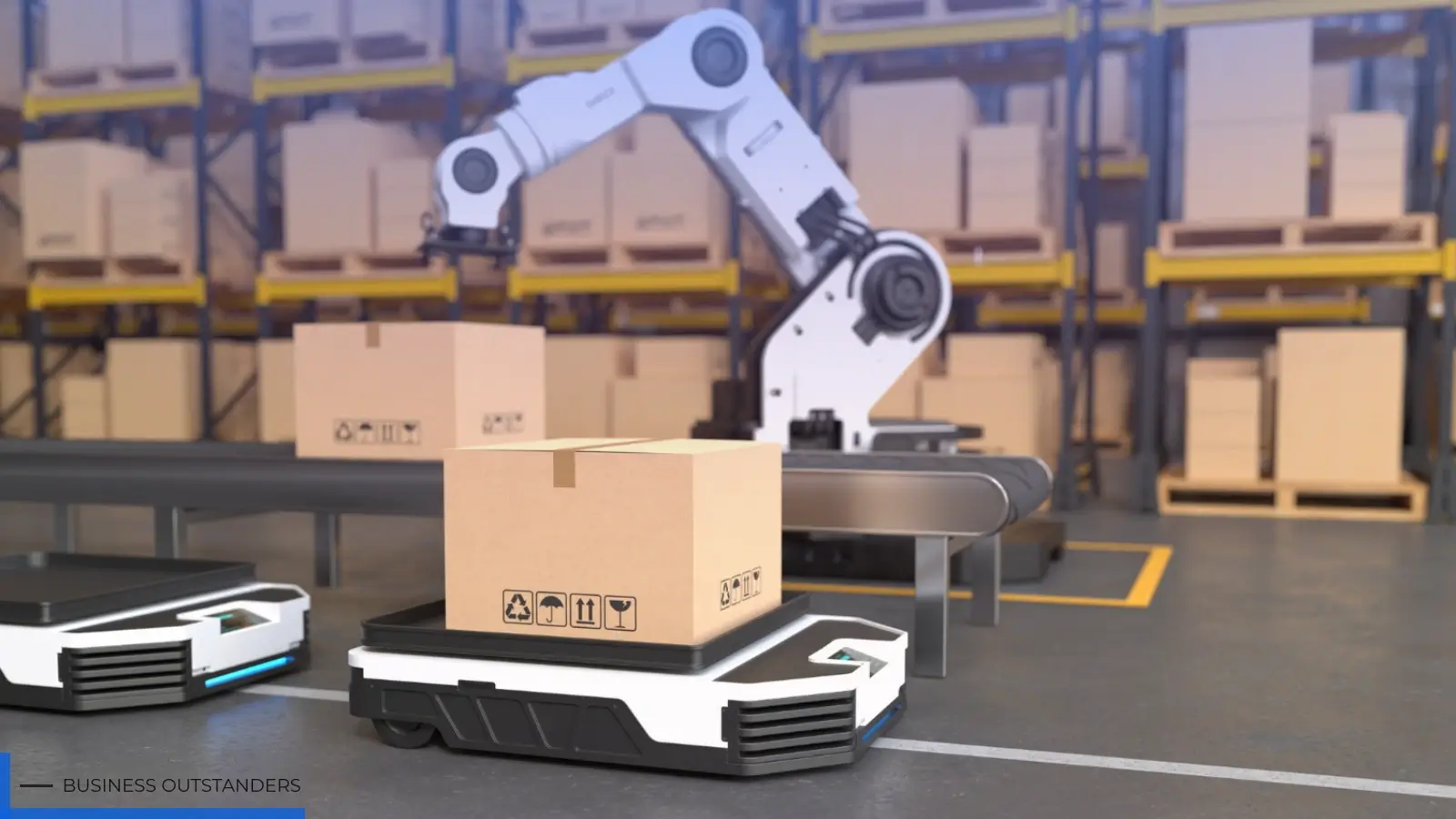 Integrated warehouse automation system with robots, conveyor belts, and IoT sensors working together on a US logistics facility floor
