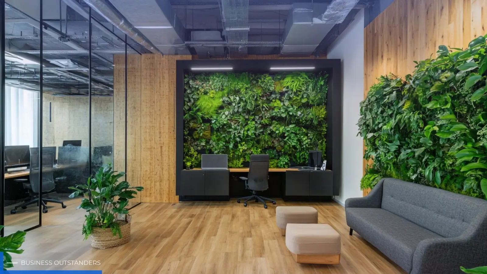 Lush indoor plants and green walls enhancing a modern office workspace with biophilic design elements