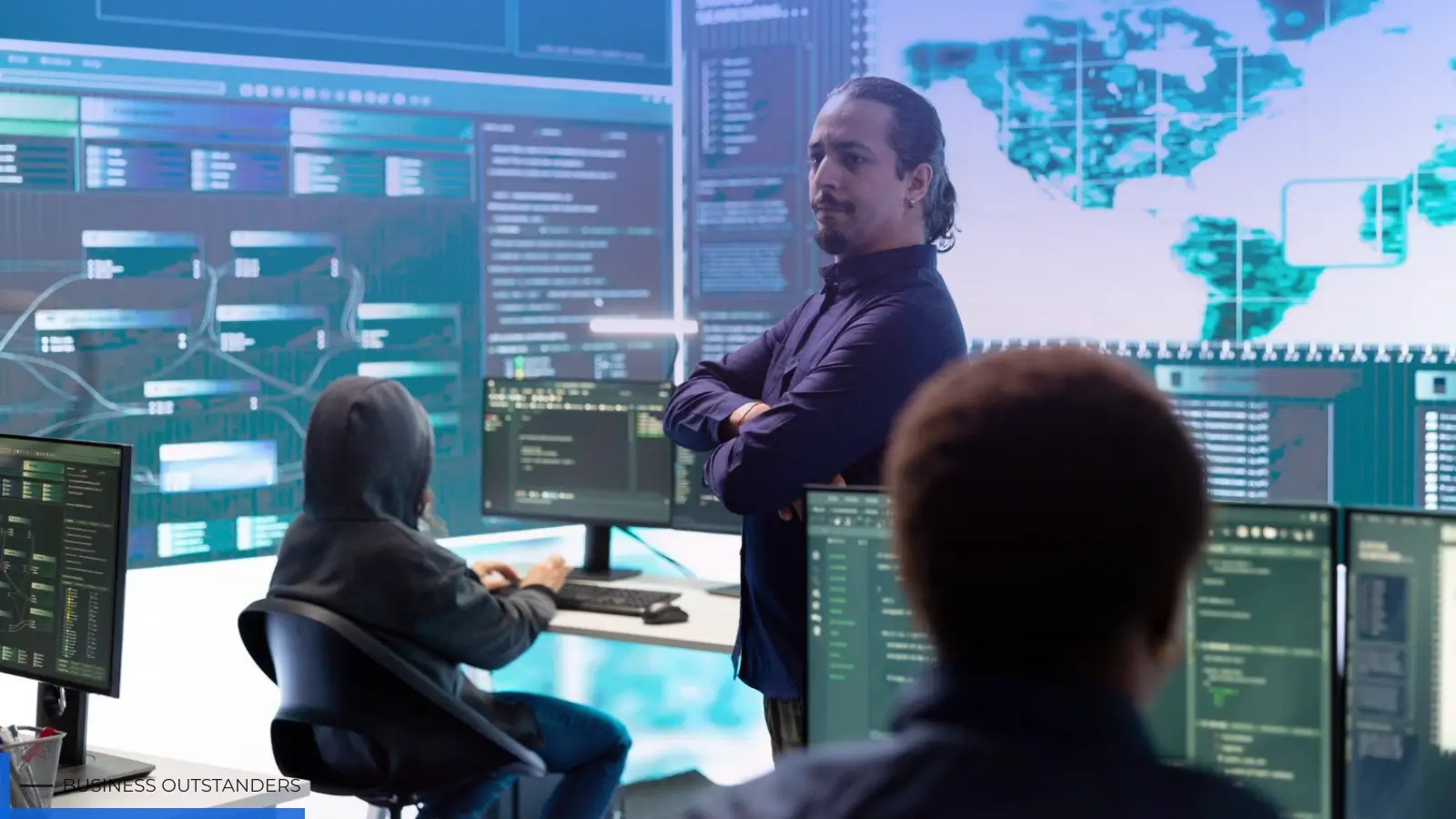 Business team reviewing cybersecurity strategy on digital dashboard with threat detection alerts