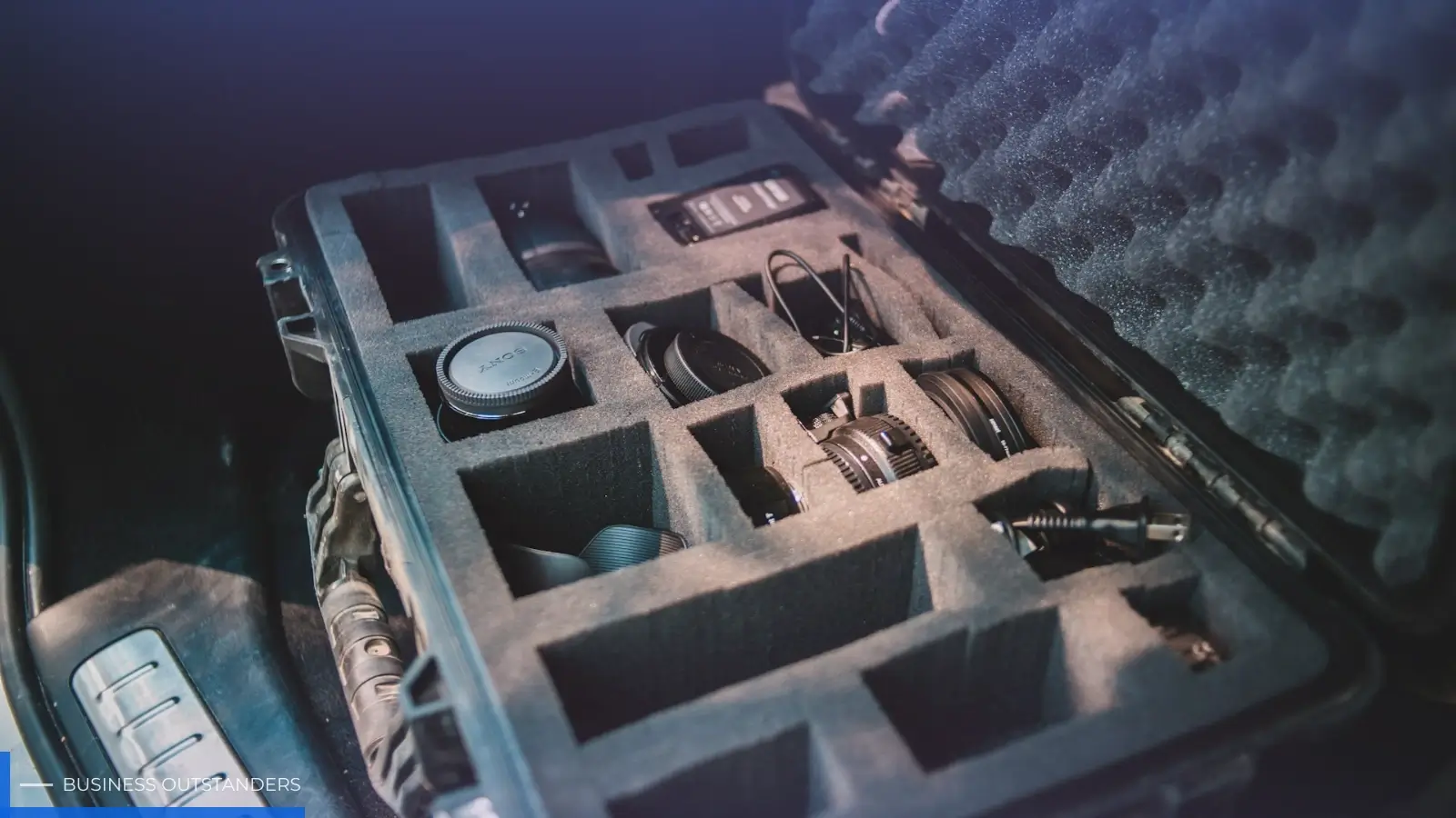 Professional flight case with custom foam inserts protecting delicate business equipment during transit