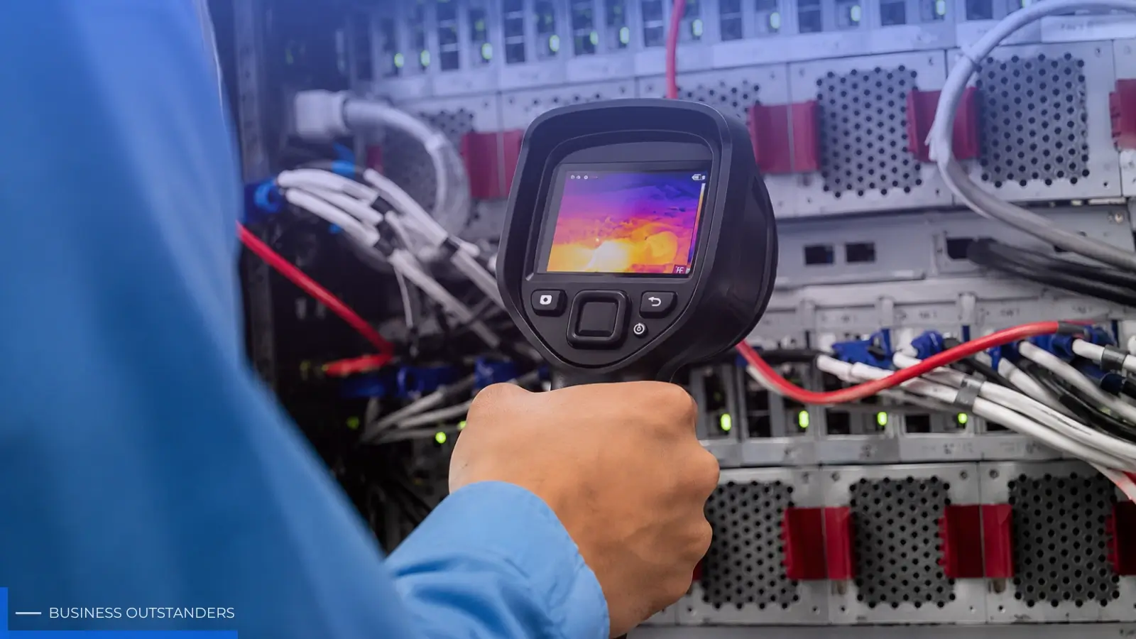 Technician using thermal imaging camera to inspect industrial equipment for predictive maintenance