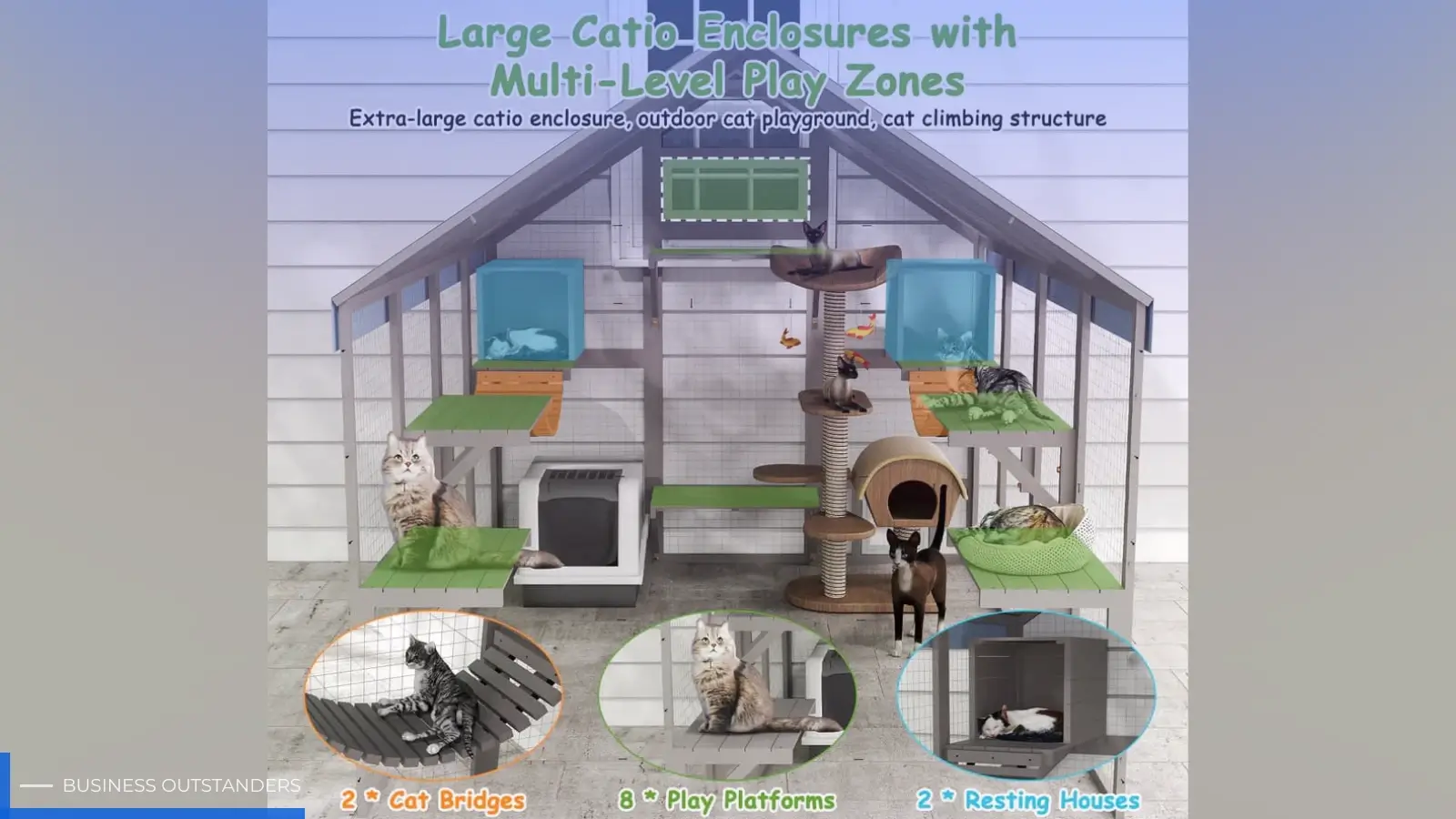 A cat cautiously exploring a wooden outdoor catio enclosure with perches and a cozy hideaway