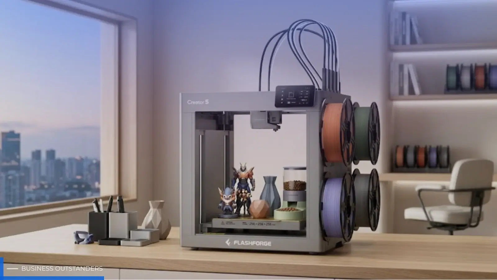 Business-grade desktop 3D printer producing retail-quality multi-color parts in a home studio setup