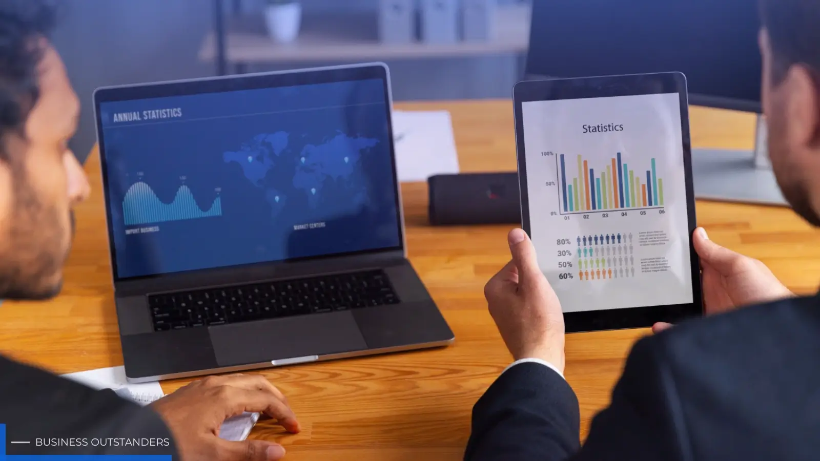 Business professional analyzing social media algorithm metrics and engagement data on a digital dashboard