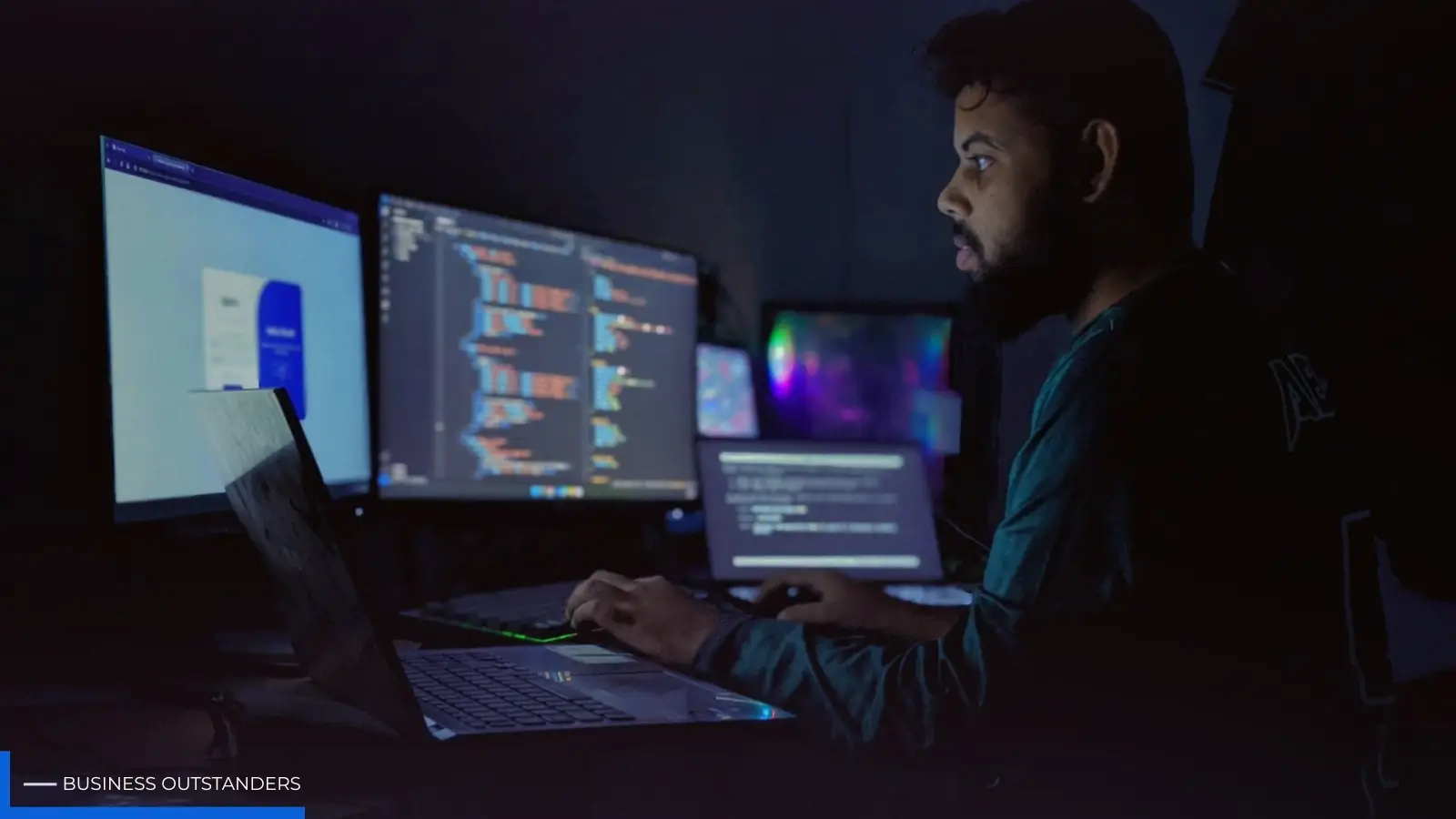 Business professional comparing AI translation outputs on multiple screens for accuracy