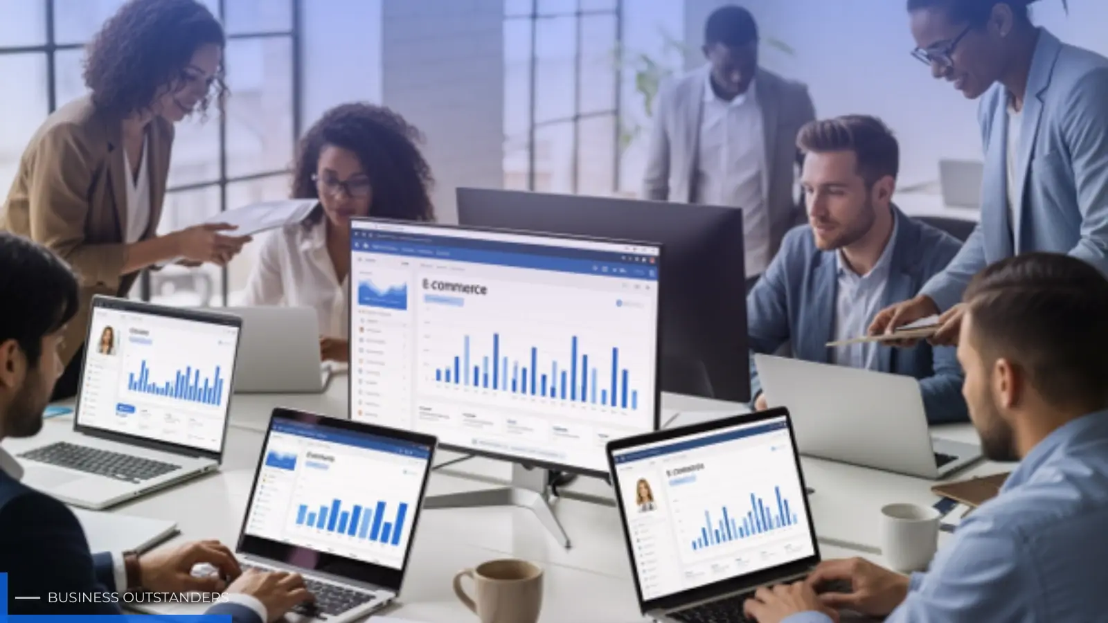 Digital marketing and e-commerce strategies illustrated with online shopping and analytics dashboard
