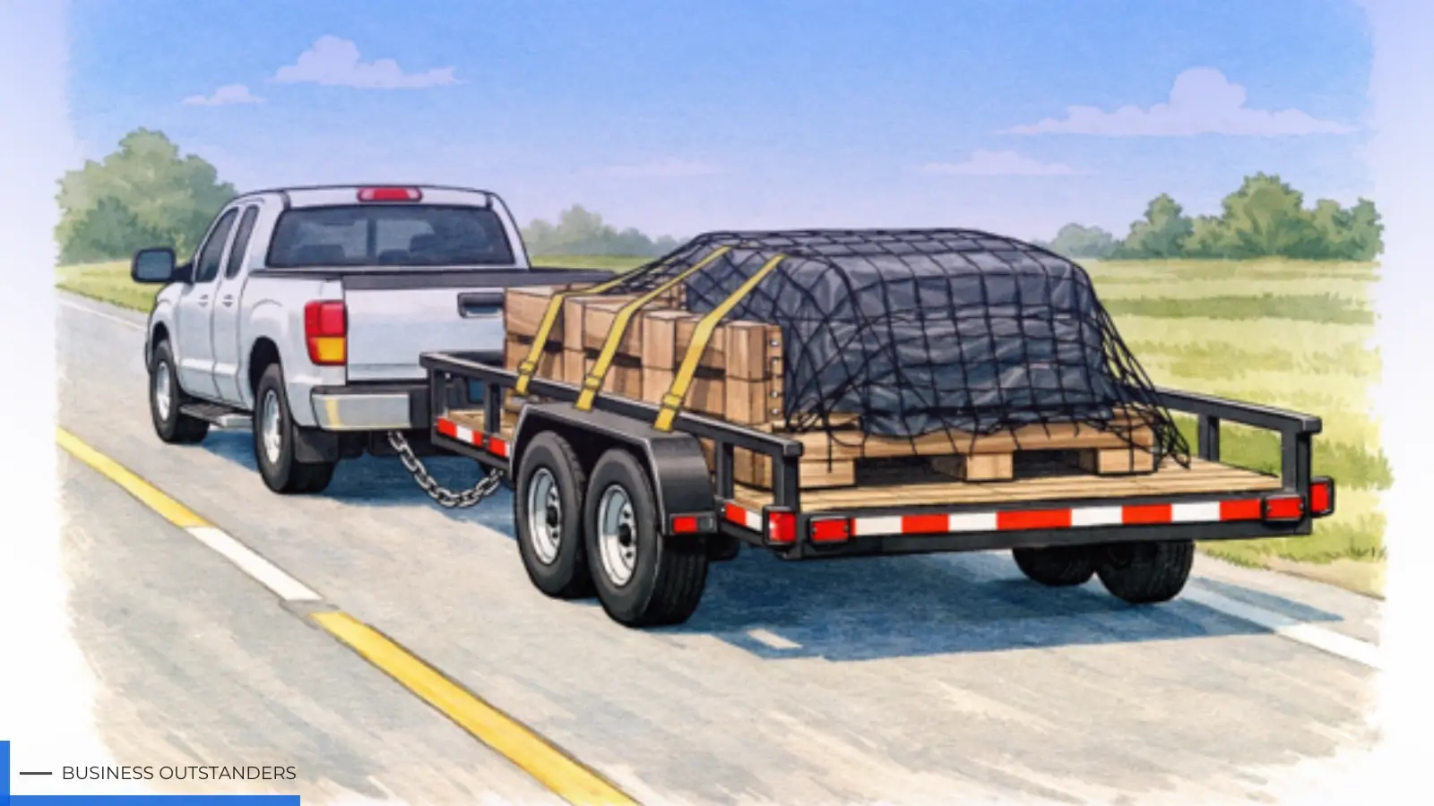 Driver securing cargo on a trailer with tie-down straps before transport