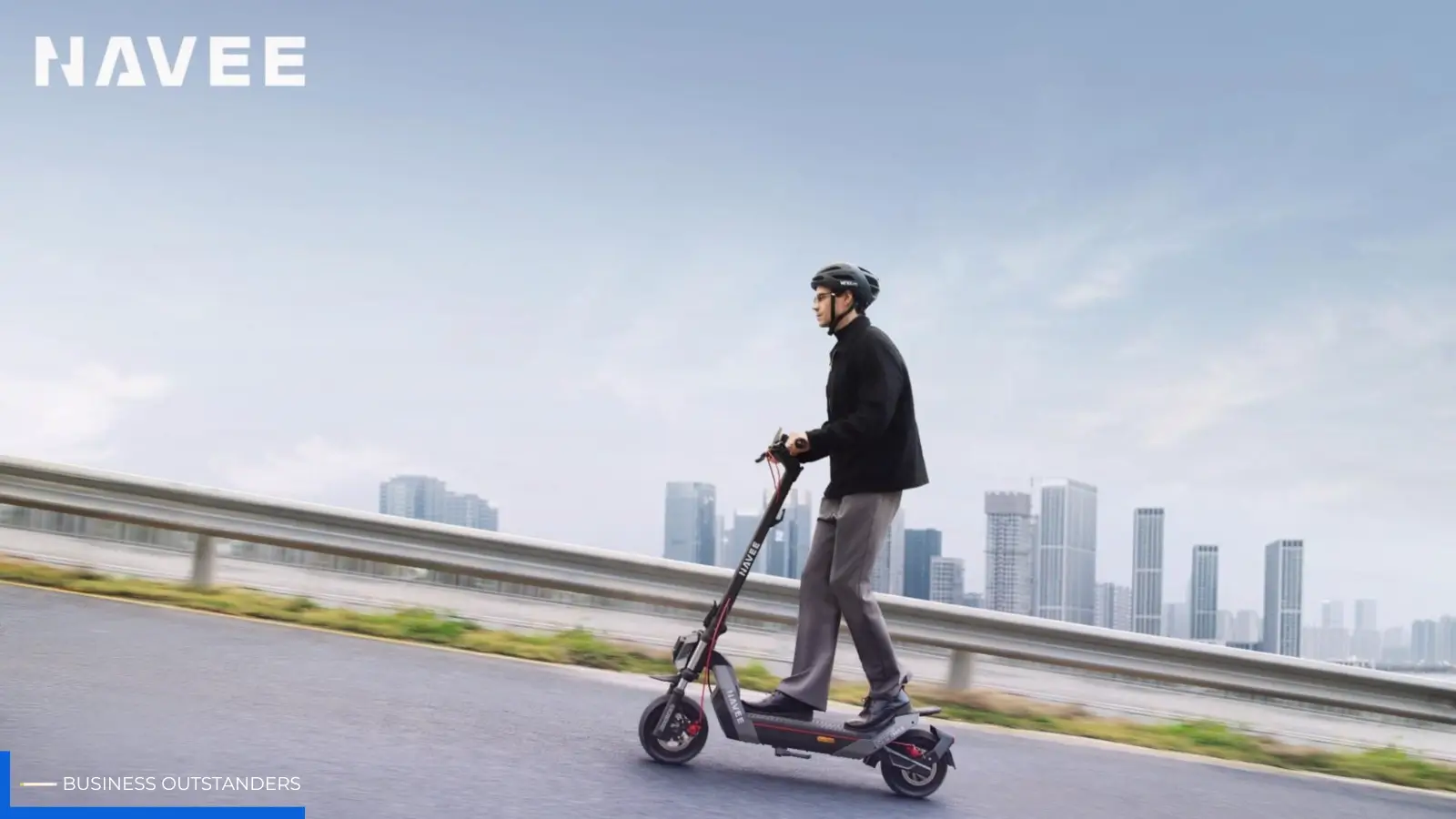 Dual motor electric scooter with AWD system navigating a steep urban hill in wet conditions