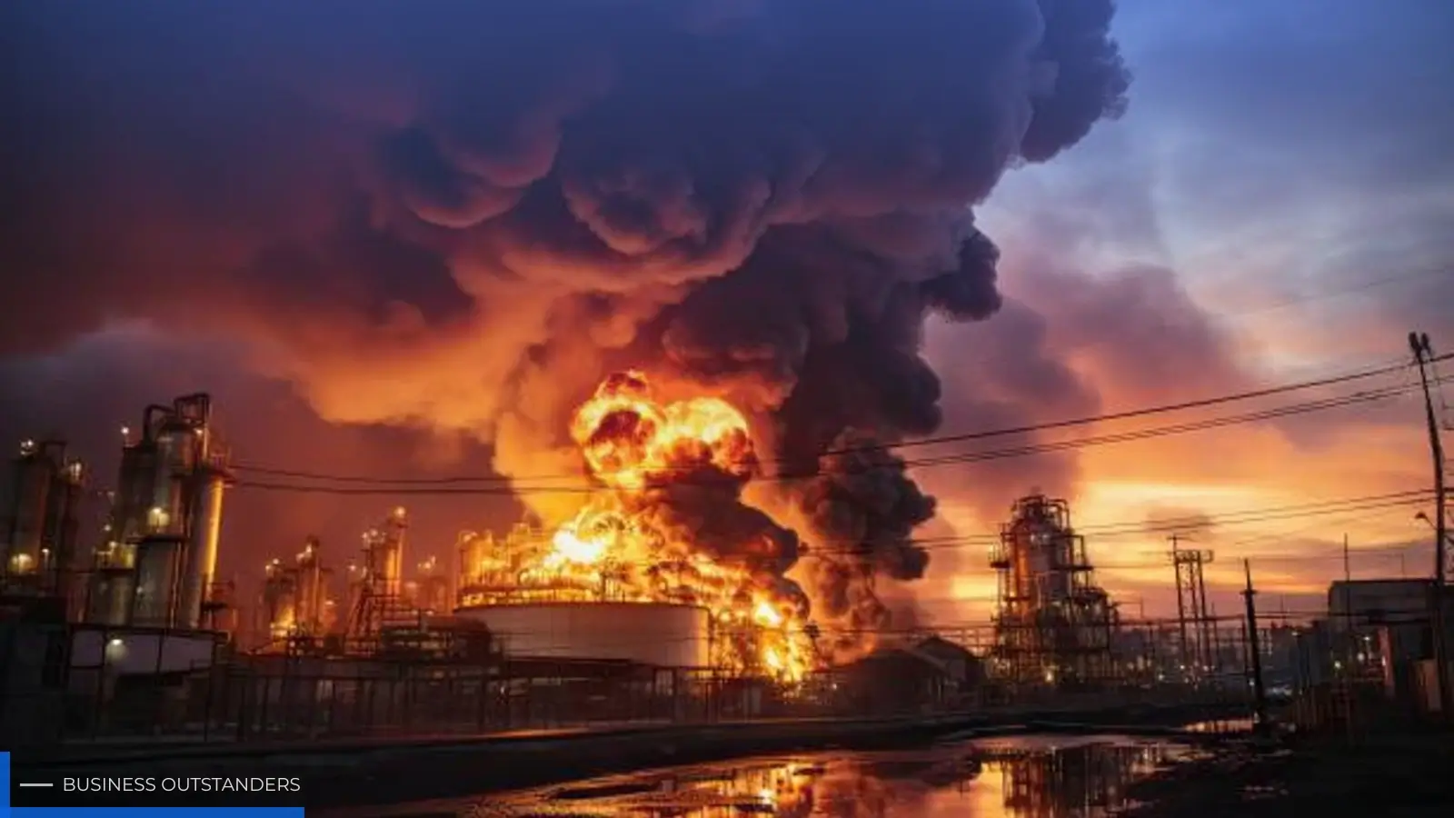 Houston refinery explosion with flames and smoke rising from petrochemical plant