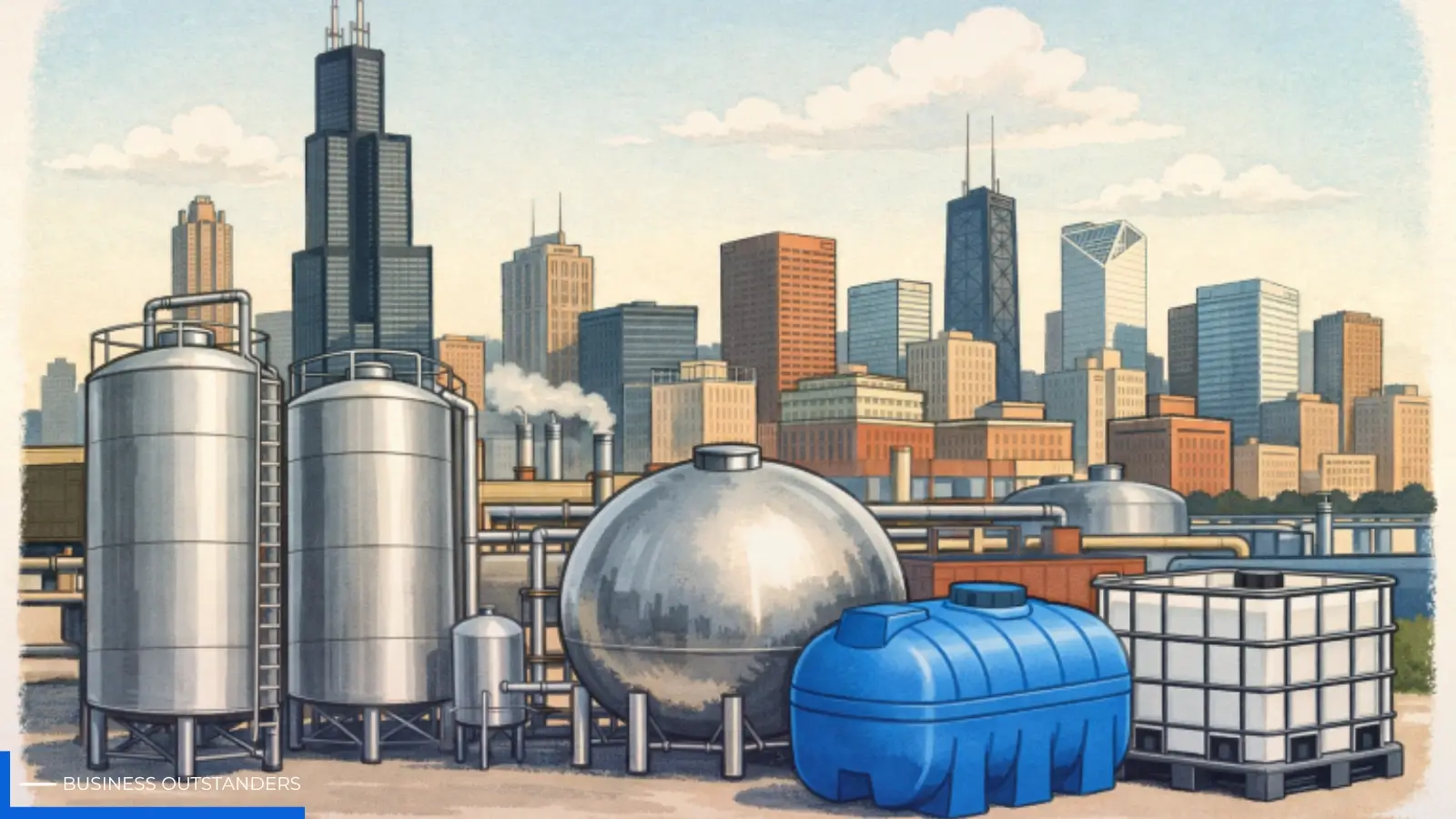 Industrial tank fabrication facility in Chicago with advanced steel and HDPE tanks under construction