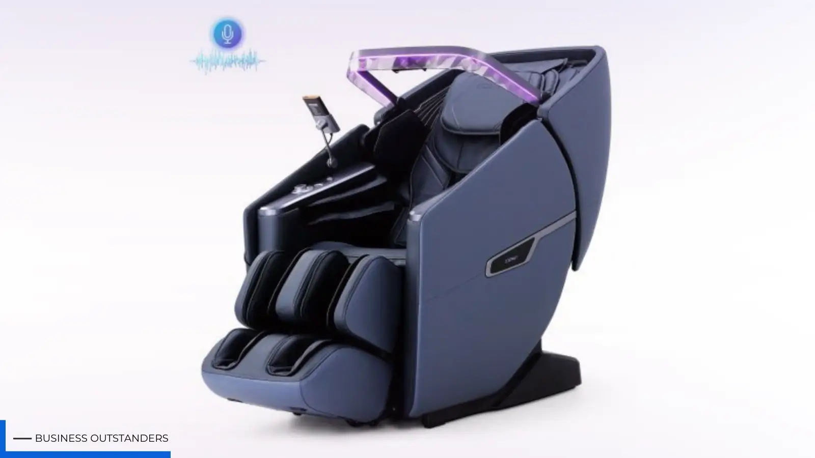 Person relaxing in a high-end massage chair with 3D roller technology targeting back and shoulder pain relief