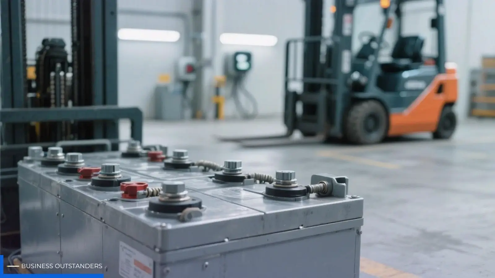 Technician performing maintenance on an electric forklift battery in a warehouse